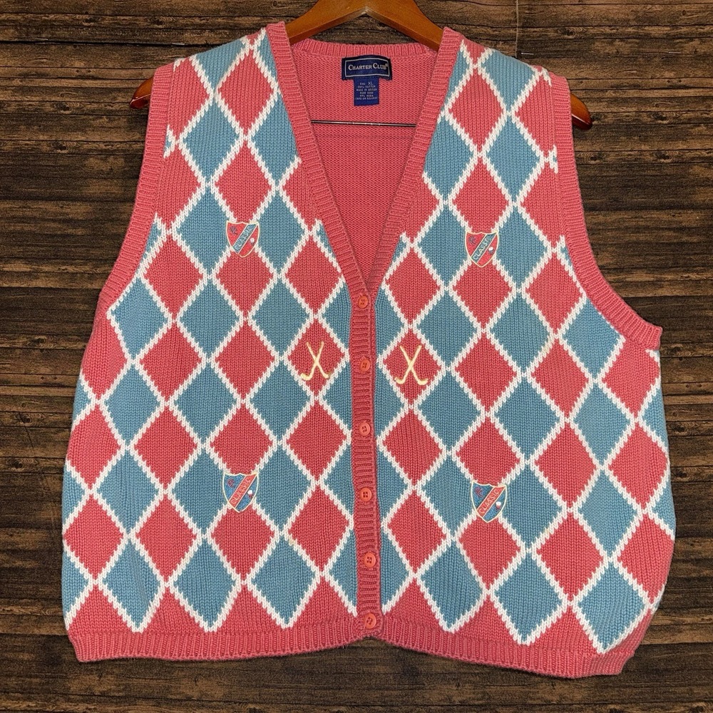 Vintage Charter Club Golf Argyle Knit Cardigan Sweater Size XL Pink Blue